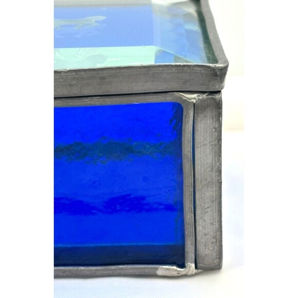 Stained Glass Trinket Box Cobalt Blue Mirrored Bottom Etched Stage Coach Hinged‎ - Picture 10 of 16